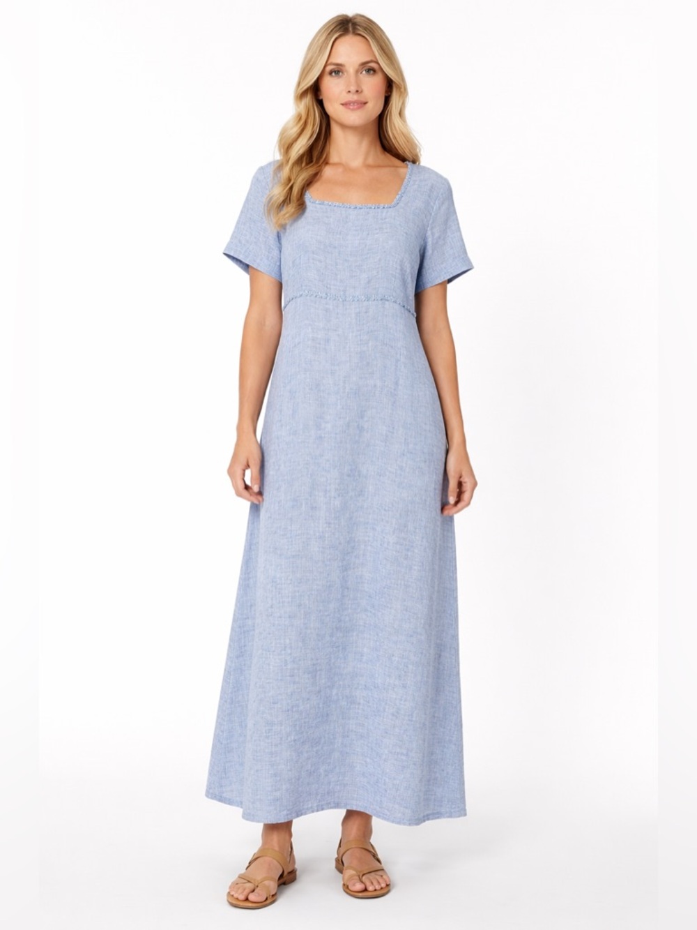 Vintage 90s 100% Linen Maxi Dress Size 14 Cottage Coastal Beach Match USA